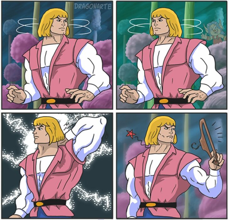 Por el poder de Greyskull ya tengo el gancho El príncipe adam voltea a ver si todo está despejado y no hay moros en la costa para retirarse un gancho de la ropa que tiene puesto