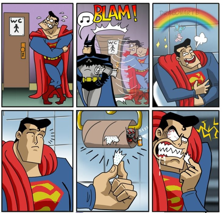 C{omic con superman esperando el baño hasta que batman sale pero entonces superman se da cuenta de que lo han dejado sin papel sanitario