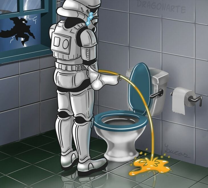 Storm trooper imperial orinando fuera de la tasa de baño con batman balanceándose por la ventana