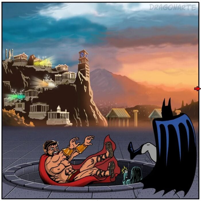 Batman pateando al espartano Leónidas a un agujero Esparta parodia