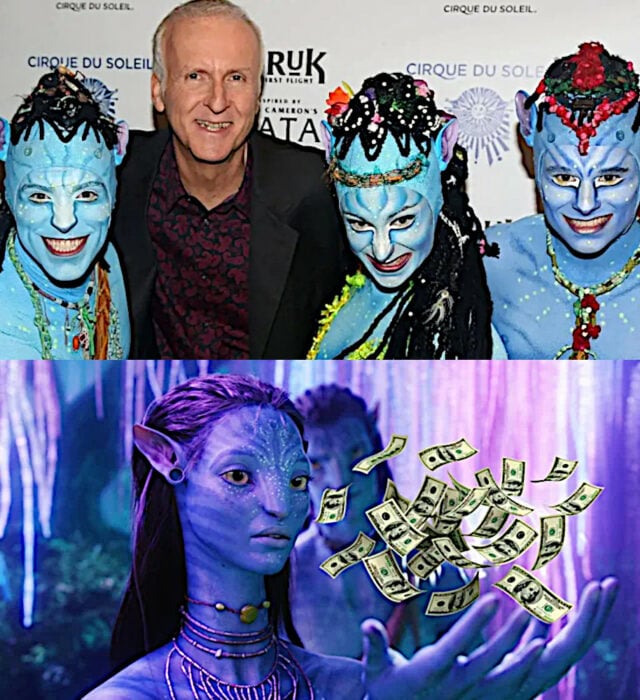 Avatar James Cameron posando con cosplayers disfrazados de Na'vi y Neityri Omaticaya recibiendo billetes fotomondas que caen en sus manos con Jake Sully en el fondo Avatar