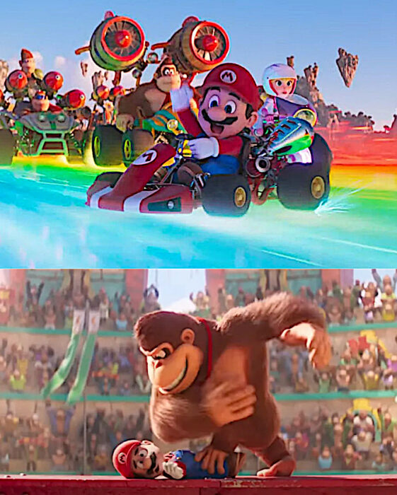 Momentos épicos del tráiler de la Película de SUper Mario Bros Mario en compañía de Donkey Kong Princesa Peach Toad Funky Kong y una miríada de personajes más en la arena Arcade tipo Donkey cKong ambientada como Donkey Kong Country y el Raimbow Road de Mario Kart