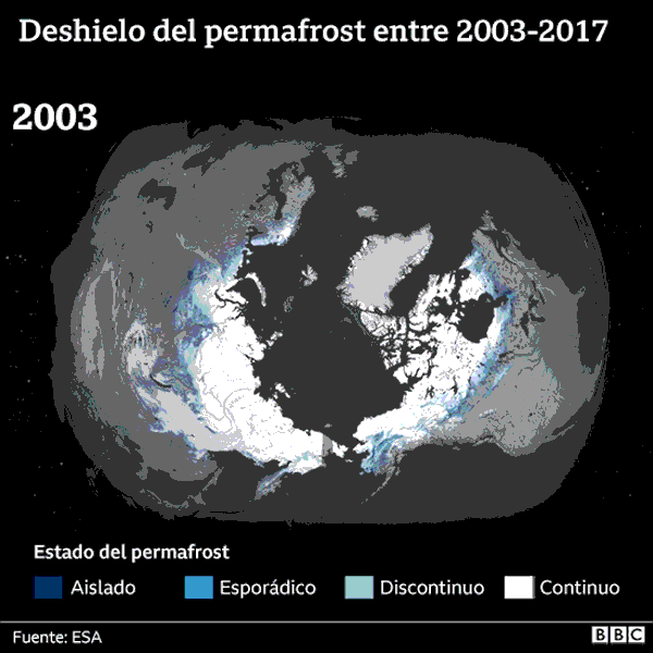 mapa animado en gif del deshielo del permafrost entre 2003 y 2017