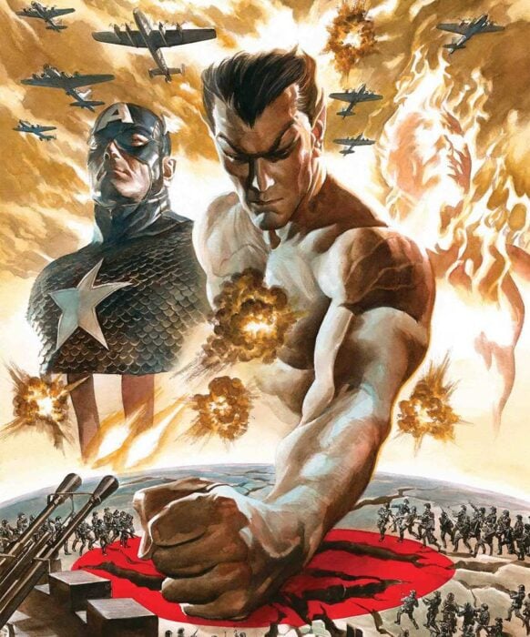 Namor el submarinero reimaginado con los demas invaders El capitán américa Captain America y Human Torch Original Jim Hammon aplastando una suástica nazi mientras enfrentan a un ejército