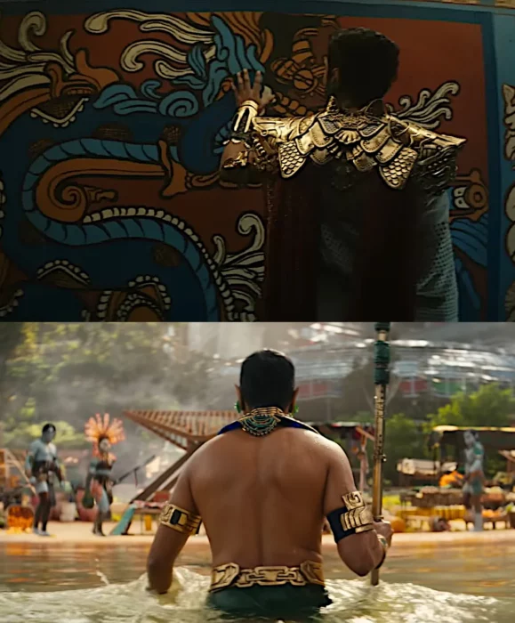 Tenoch Huerta en Wakanda forever black panther viendo a la gente y el arte de talocan