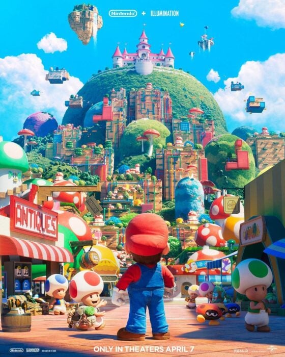 Super Mario Bros. la película póster con perspectiva del reino champiñón reino de los hongos