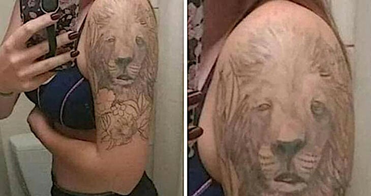 Tatuaje en hombro de un león con parálisis facial parcial