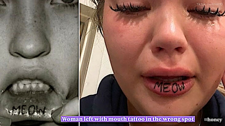Tatuaje de meow hecho sobre el labio de una mujer que llora, en vez de haber sido hecho dentro de su boca