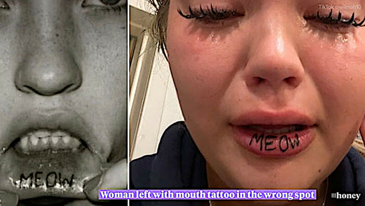 Tatuaje de meow hecho sobre el labio de una mujer que llora, en vez de haber sido hecho dentro de su boca