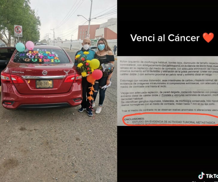 Mónica y Paco junto a su vehículo rojo con flores y un mensaje que anuncia que Paco ya se hizo su última quimioterapia informe del oncólogo doctor en el cual se informa que no hay metástasis del cáncer