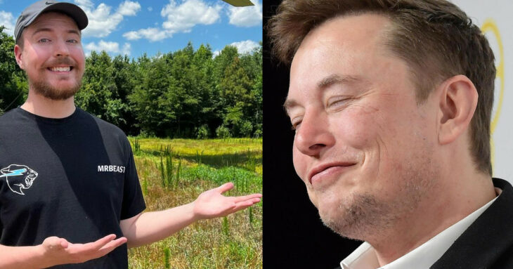 Mr Beast poniendo las manos para demostrar y elon musk sonriendo con los ojos cerrados