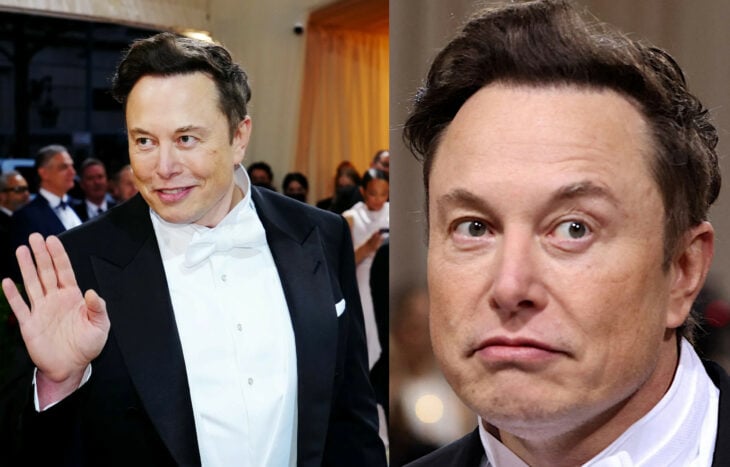 Elon Muskl despidiéndose en traje de gala y luego con una mueca de insatisfacción en su cara