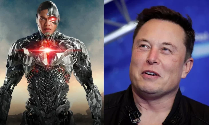 Cyborg del promocional de la película la liga de la justicia a la izquierda y Elon Musk sonriendo en un foro