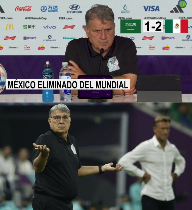 Gerardo Tata Martino disculpándose por la terrible actuación de la selección mexicana de Futbol en conferencia de presna tras victoria frente a Arabia Saudita y en la cancha haciendo gesto de exculpación en camiseta negra