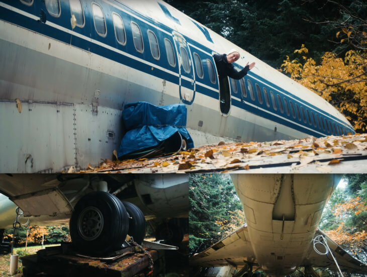 Hombre que vive en un avión boeing 757 jetliner Bruce Campbell despidiéndose por un costado del avión boeing jet 747Vista exterior e interior de la casa de Bruce campbell ingeniero eléctrico que vive en su avión presume su casa desde afuera en el bosque y la cabina de pilotaje