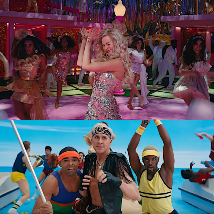 Baile de barbies en la película de Barbie con Margot Robbie vestida de fiesta y con Gosling como ken en el gimnasio tráiler de la película