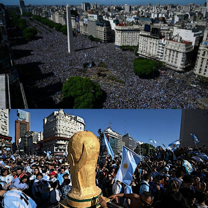 Calles de buenos Aires alrededor del Obelisco porteño afición argentina en caravana festejo de la selección nacional