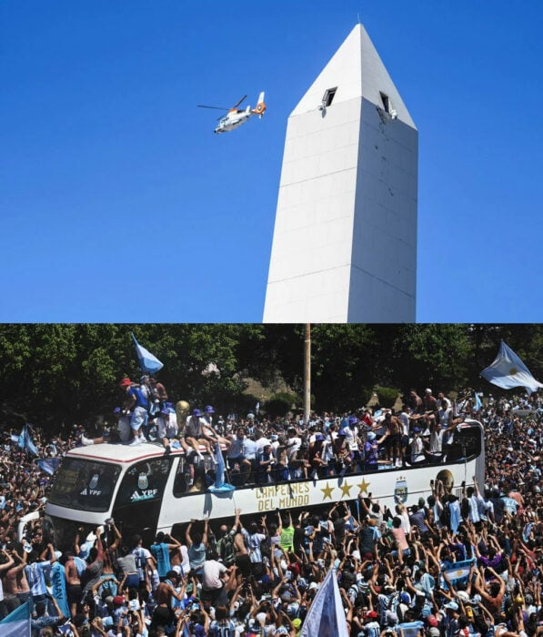 Obelisco de buenos aires siendo sobrevolado por uno de los helicópteros de la selección de futbol fúbol argentina scaloneta messi copa del mundo campeones del mundial catar 2022 comitiva terrestre autobús selección argentina conjunto albiceleste
