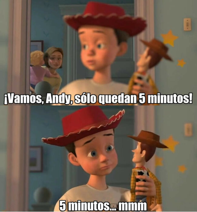 Solo 5 minutos meme de Andy en Toy Story woody y su mamá