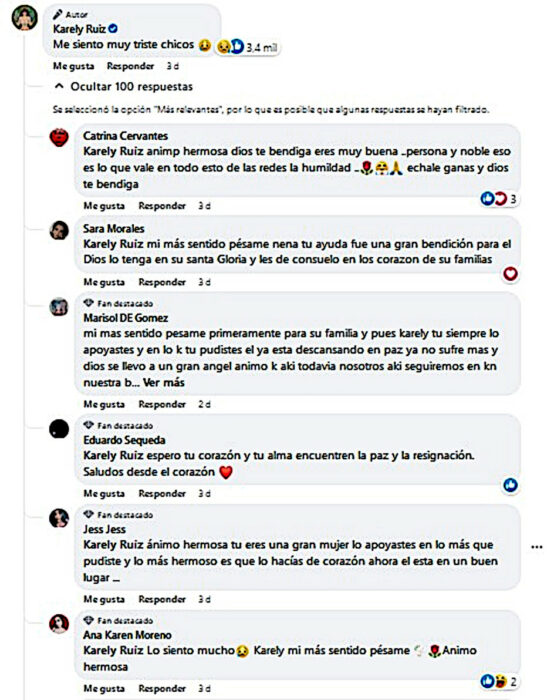 Comentarios en el Facebook de Karely Ruiz Hbala sobre cómo se siente triste por la partida de Sebastián
