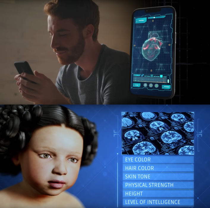 Ecto life parte del promocional con una pantalla de atributos para el bebé que puede ser manejado desde el celular