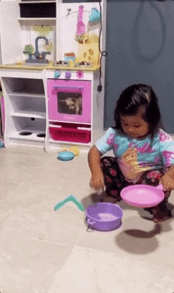 Microhornito rosa niña jugando y con un perrtio metido en su horno de juguete