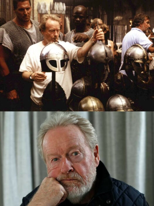 Ridley Scott revisando utilería de el film de gladiador junto al reparto y ridley scott hoy con la mano en el mentón