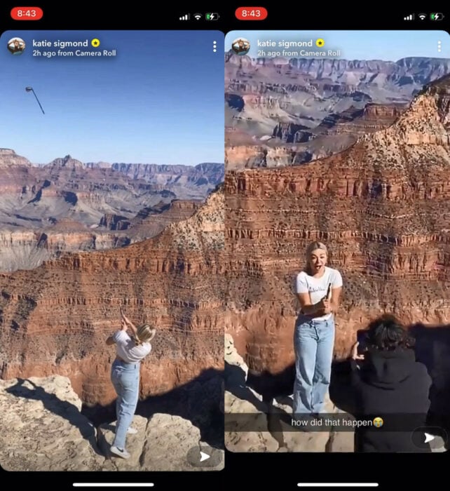 Katie Sigmond en camisa blanca pantalón de mezclilla golpea pelota de golf por el borde del gran cañón grand canyon national park y se sompre el palo de golf que termina cayendo por el borde la influencer muestra su palo con una sonrisa incrédula