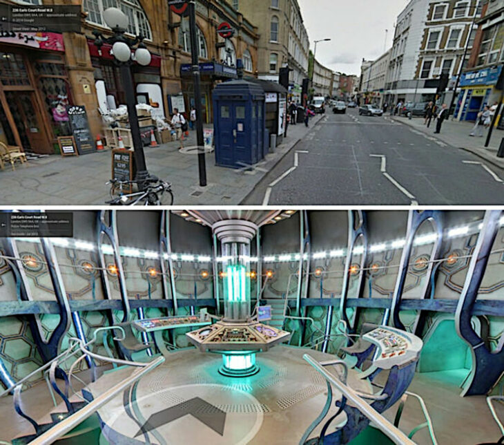 La tardis captada por google maps en la calle como una cabina telefónica inglesa