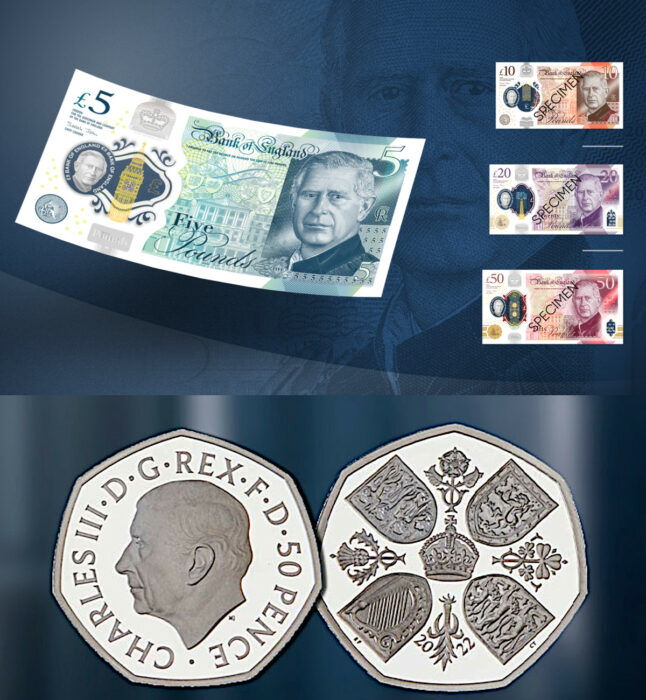 Billetes de 5 10 20 y 50 libras y moneda de 50 peniques