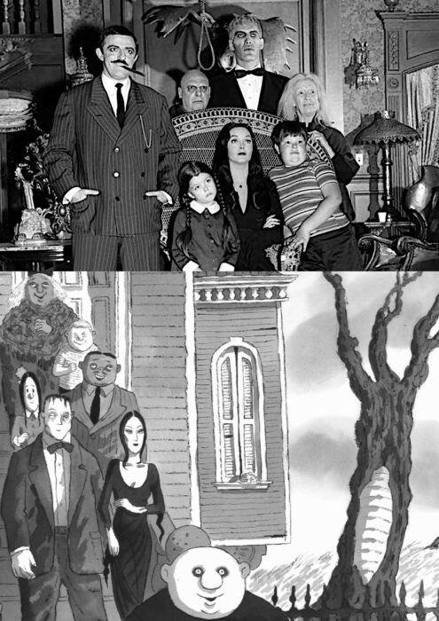 Fotografía del elenco original de la serie Addams Family los locos addams de 1964 y sus contrapartes cartoon de charles addmas de los 40s