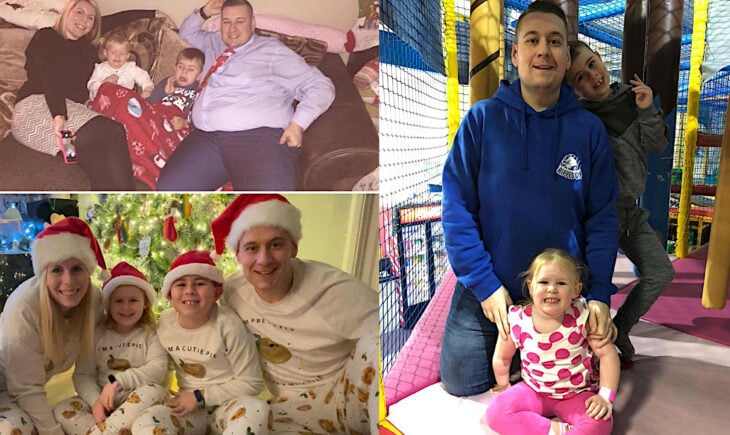 Matthew Riggs apareciendo en dos fotos de navidad y en una con sus hijos