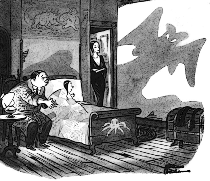 Morticia homero y merlina Tisha Gomez y Wednesday en una escena de fantasmagoria en la habitación de la niña