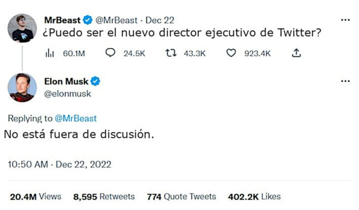 Tuit entre Elon Musk y MrBeast