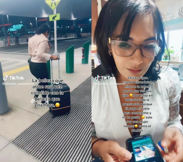 Ninoska Rodriguez fue rechazada por su pareja al conocerla sin filtros foto en el aeropuerto jalando su maleta y en casa dando el consejo de que sigan usando filtros