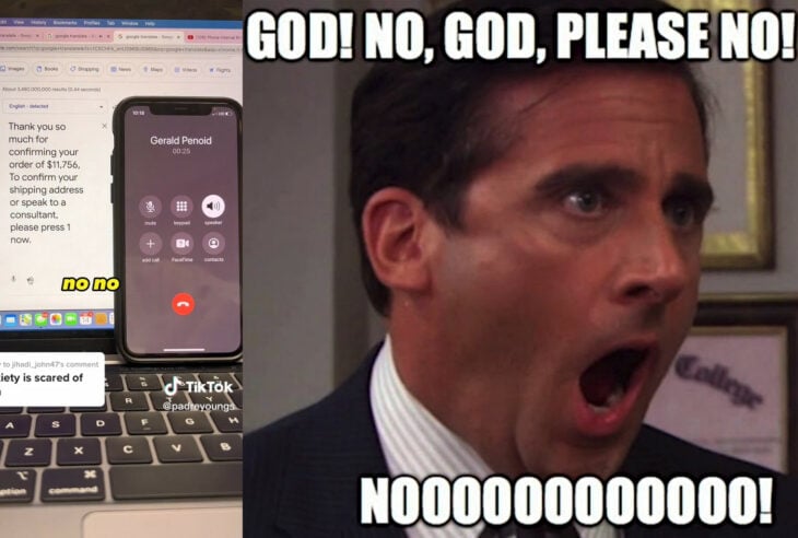 Mensaje de confirmación de la compra falsa por teléfono utilizando el traductor de google meme de la oficina no dios por favor no