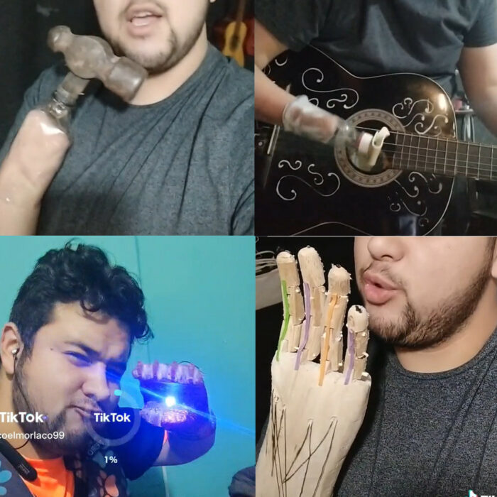 Paco morlaco 99 tiktoker presumiendo sus prótesis hechas en casa martillo de tor tocando guitarra mano de Iron man con led y su mano de madera articulada