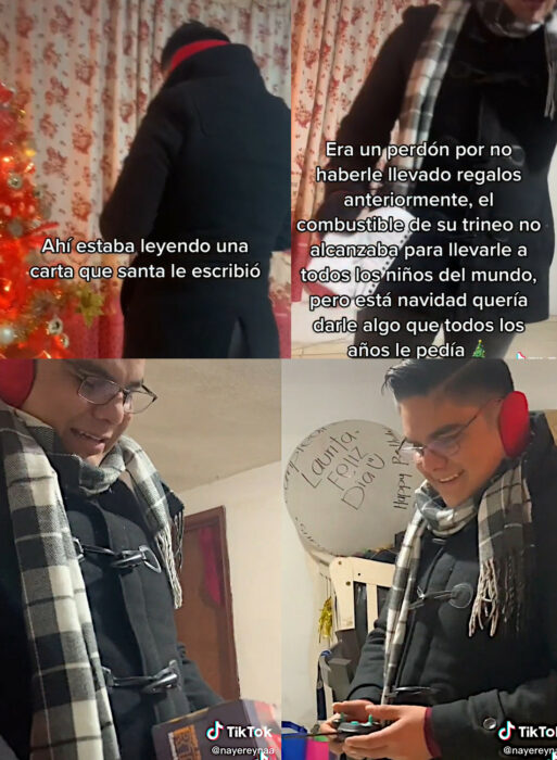 Más vale tarde que nunca novio de Naye usuaria de tiktok recibiendo una carta de disculpa de parte de santa claus clos que dice que nunca pudo llevarle su regalo por la falta de combustible pero que finalmente le podría regalar aquello que siempre le había pedido el carrito de control remoto el muchacho lo desenvuelve y empieza a jugar con él