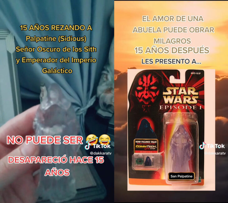 San Palpatine el muñeco de star wars que la abuela se encontró y puso en el altar para rezarle por alrededor de 15 años