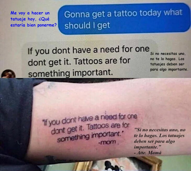 Órdenes de mamá tatuaje con el mensaje de texto que le mandó su mamá