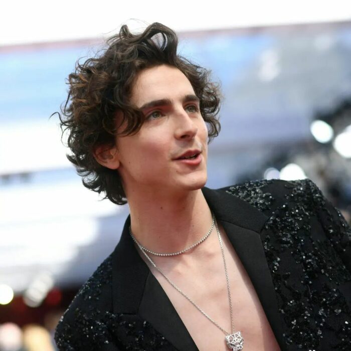 Timothée Chalamet fotografía chaqueta abierta sin camisa y con un collar