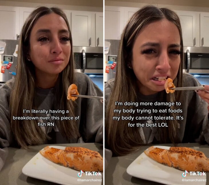 Vegana llora al cocinar un pedazo de salmón