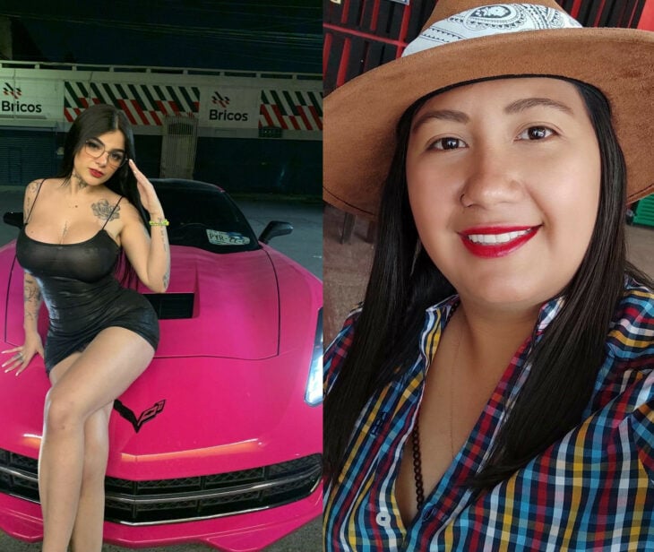 Karely Ruiz de vestido negro sobre su corvette rosa y Mariana