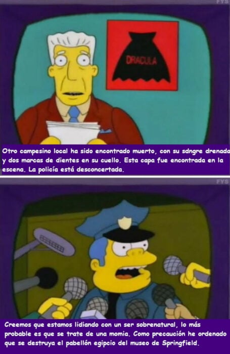 Dracula vampiro momias kent brockman y jefe gorgori de los simpson hablando sobre cómo confunden a un vampiro con momias casita del horror