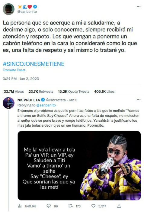 Tuit de Bad Bunny en el caul dice que es falta de respeto y que por eso arrojó el teléfono de su fan