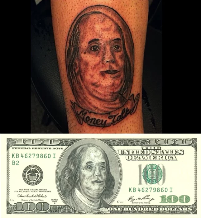 Ben Franklin tatuado de un modo desagradable y luego puesto sobre un billete de 100 dólares