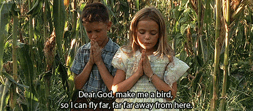Jenny y Forrest Gump de niños rezando en un campo de maíz para que la vuelva pájaro y no tenga que volver a casa