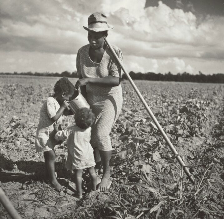Mujer dándole de beber a sus hijos mientras trabaja en una plantación de algodón
