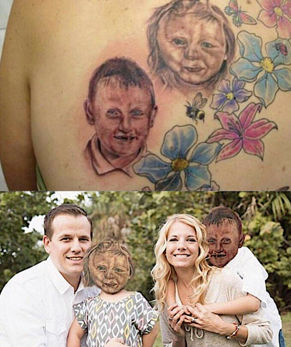 Tatuajes en lugar de los rostros reales dos niños con rostros horribles y desfigurados en tatuaje fotomontaje