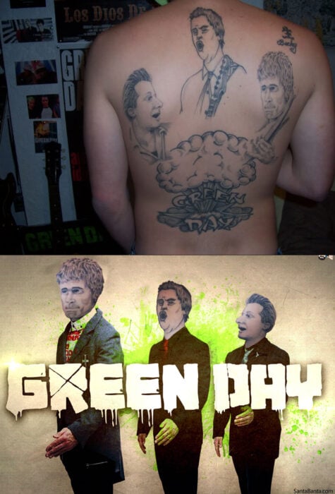 Tatuaje horroroso de green day con los tres músicos Jason Billy y Mike